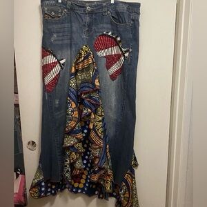 Vintage Zenobia Womens Upcycled Maxi Denim Skirt 3XL Boho Fabric Trim Waist 42”